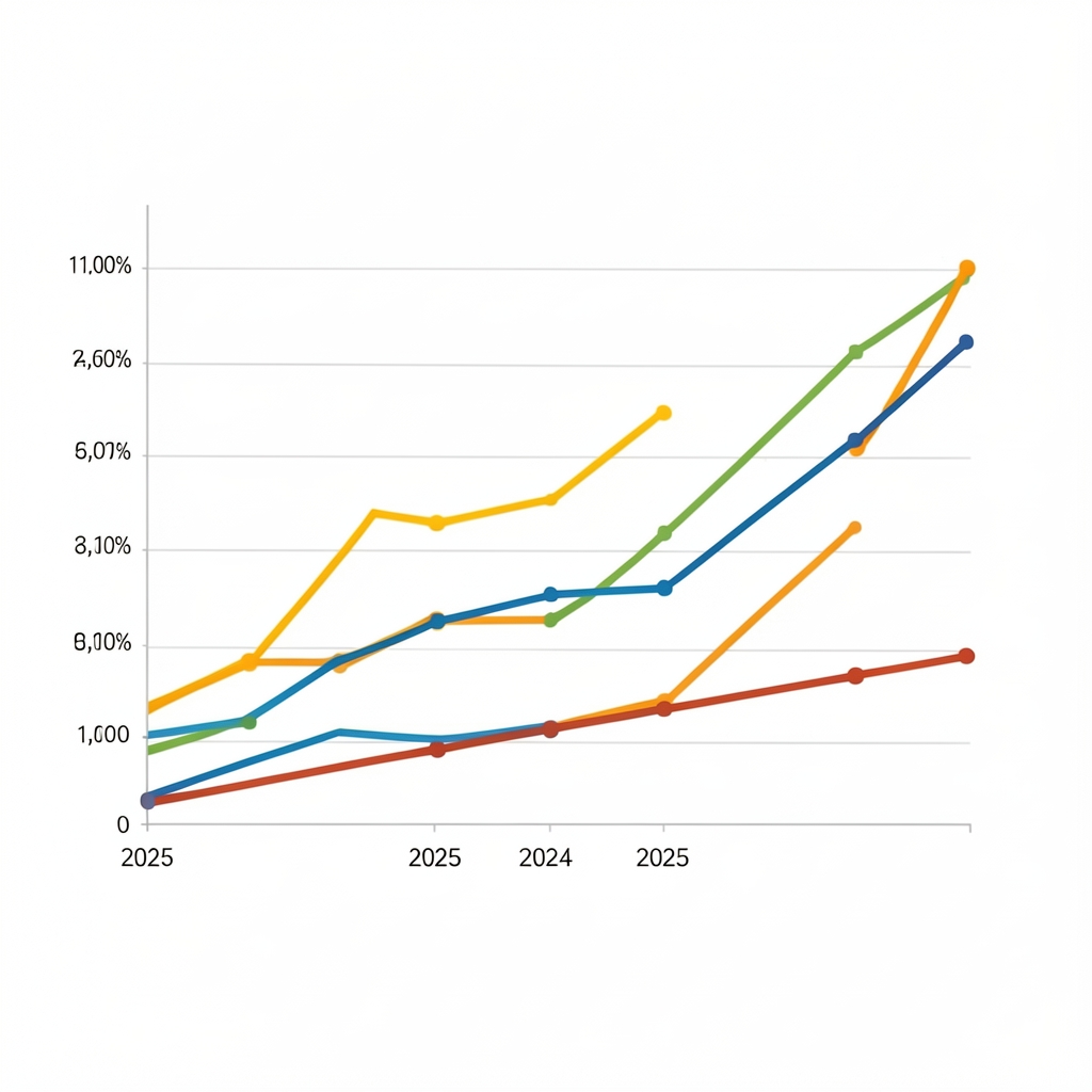 Инфографика с трендами роста рынка подкастов в США 2024-2025, цветные линейные графики на белом фоне