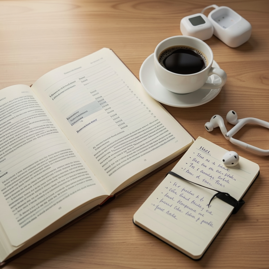 Открытая финансовая книга рядом с кружкой кофе и блокнотом с рукописными заметками, рядом беспроводные наушники